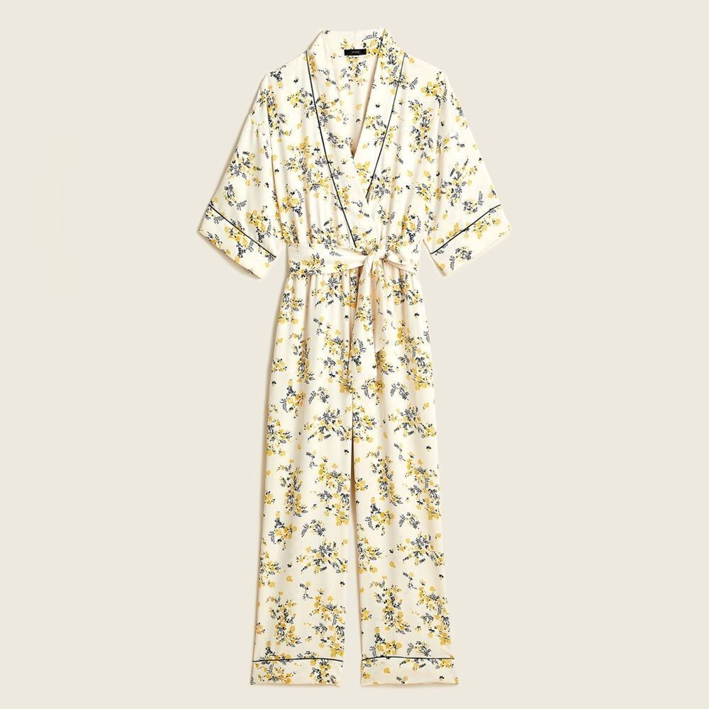 J. Crew Ivory Floral Wrap Jumpsuit with Navy Trim